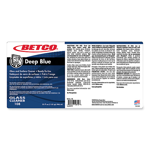 Betco Deep Blue Glass and Surface Cleaner, Ammonia Scent, 32 oz Bottle, 12/Carton (1081200)