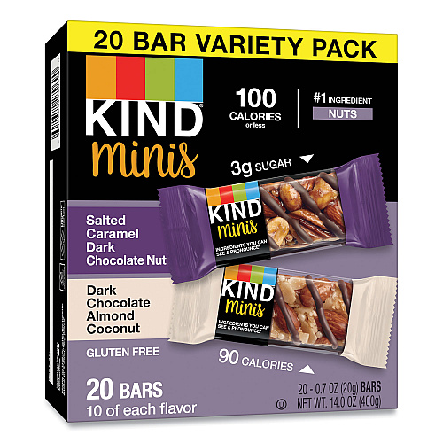 KIND Minis, Salted Caramel and Dark Chocolate Nut/Dark Chocolate Almond and Coconut, 0.7 oz, 20/Pack (27970)