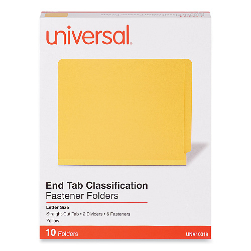 Universal Deluxe Six-Section Pressboard End Tab Classification Folders, 2 Dividers, 6 Fasteners, Letter Size, Yellow, 10/Box (UNV10319)