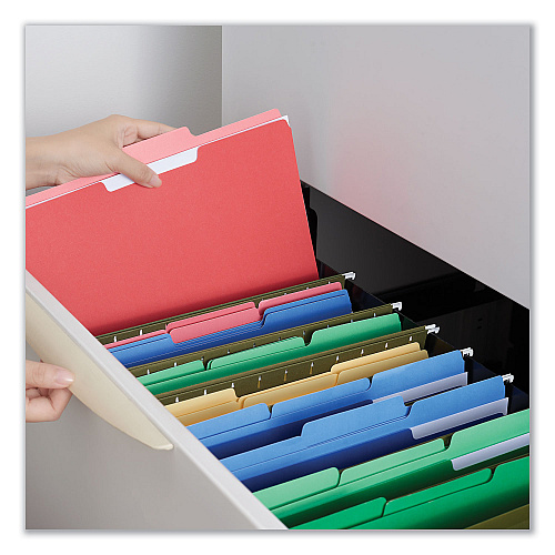 Universal Deluxe Colored Top Tab File Folders, 1/3-Cut Tabs: Assorted, Legal Size, Red/Light Red, 100/Box (UNV10523)