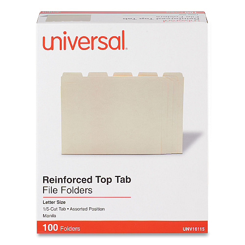 Universal Double-Ply Top Tab Manila File Folders, 1/5-Cut Tabs: Assorted, Letter Size, 0.75" Expansion, Manila, 100/Box (UNV16115)