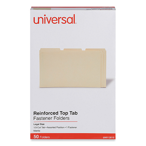 Universal Reinforced Top Tab Fastener Folders, 0.75" Expansion, 1 Fastener, Legal Size, Manila Exterior, 50/Box (UNV13510)