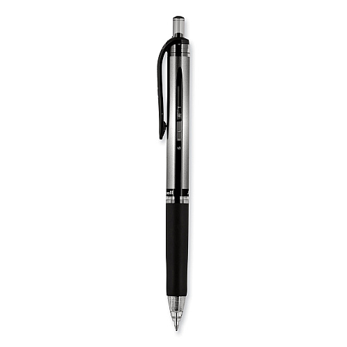 uni-ball Signo Gel Pen, Retractable, Medium 0.7 mm, Black Ink, Silver/Black Barrel, Dozen (65940)