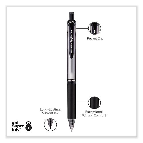 uni-ball Signo Gel Pen, Retractable, Medium 0.7 mm, Black Ink, Silver/Black Barrel, Dozen (65940)