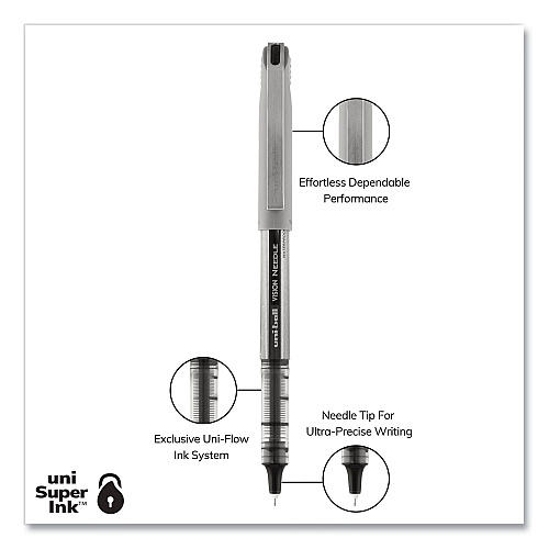 uni-ball VISION Needle Roller Ball Pen, Stick, Fine 0.7 mm, Black Ink, Gray/Clear/Black Barrel, Dozen (1734903)