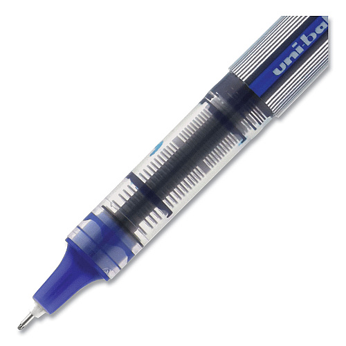 uni-ball VISION Needle Roller Ball Pen, Stick, Fine 0.7 mm, Blue Ink, Gray/Clear/Blue Barrel, Dozen (1734904)