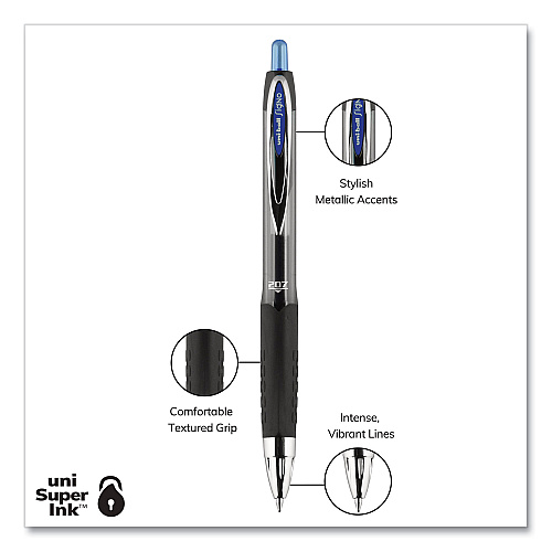 uni-ball Signo 207 Gel Pen, Retractable, Medium 0.7 mm, Blue Ink, Smoke/Black/Blue Barrel, 36/Box (1921064)
