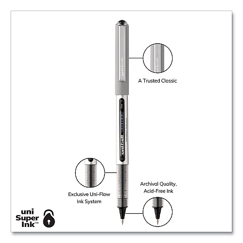 uni-ball VISION Roller Ball Pen, Stick, Fine 0.7 mm, Black Ink, Silver/Black/Clear Barrel, 36/Pack (1921066)