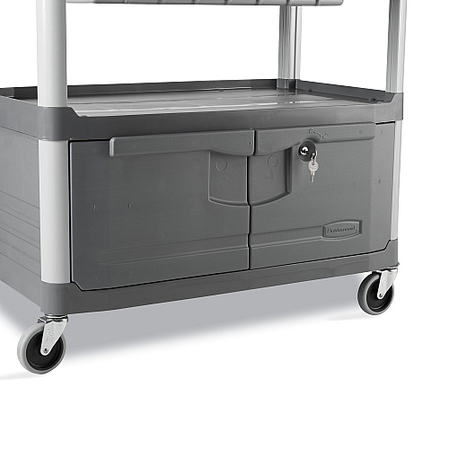 Rubbermaid Commercial Xtra Instrument Cart with Locking Storage Area, Plastic, 3 Shelves, 300 lb Capacity, 20" x 40.63" x 37.8", Gray (4094GRA)
