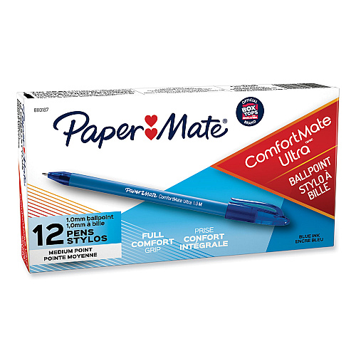 Paper Mate ComfortMate Ultra Ballpoint Pen, Stick, Medium 1 mm, Blue Ink, Blue Barrel, Dozen (6110187)