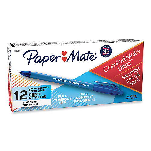 Paper Mate ComfortMate Ultra Ballpoint Pen, Retractable, Fine 0.8 mm, Blue Ink, Blue Barrel, Dozen (6360187)