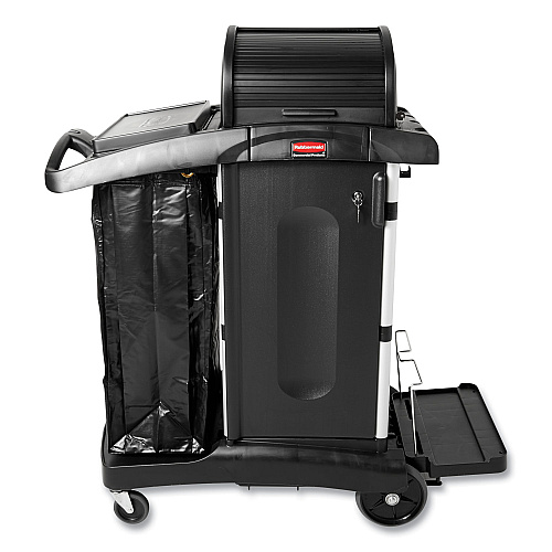 Rubbermaid Commercial Executive High Security Janitorial Cleaning Cart, Plastic, 4 Shelves, 1 Bin, 23.1" x 39.6" x 27.5", Black (1861427)