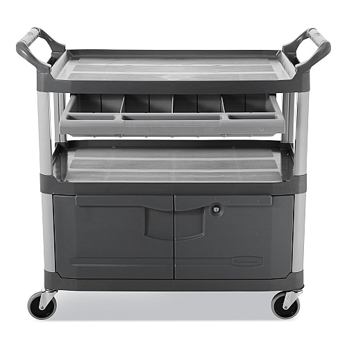 Rubbermaid Commercial Xtra Instrument Cart with Locking Storage Area, Plastic, 3 Shelves, 300 lb Capacity, 20" x 40.63" x 37.8", Gray (4094GRA)