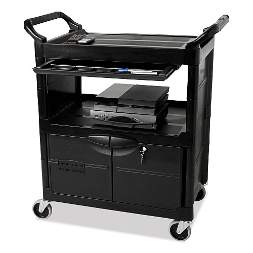 Rubbermaid Commercial Utility Cart with Locking Doors, Plastic, 3 Shelves, 200 lb Capacity, 33.63" x 18.63" x 37.75", Black (345700BLA)