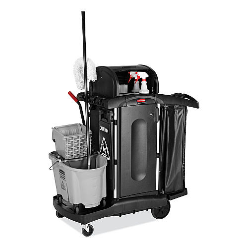 Rubbermaid Commercial Executive High Security Janitorial Cleaning Cart, Plastic, 4 Shelves, 1 Bin, 23.1" x 39.6" x 27.5", Black (1861427)