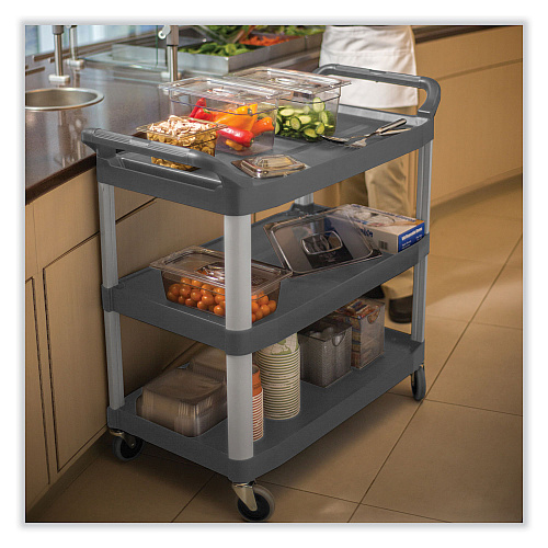 Rubbermaid Commercial Xtra Utility Cart with Open Sides, Plastic, 3 Shelves, 300 lb Capacity, 20" x 40.63" x 37.8", Gray (4091GRA)