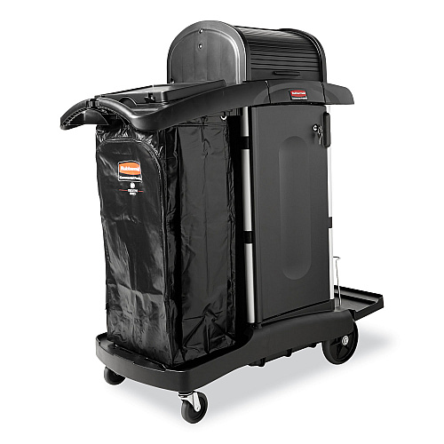 Rubbermaid Commercial Executive High Security Janitorial Cleaning Cart, Plastic, 4 Shelves, 1 Bin, 23.1" x 39.6" x 27.5", Black (1861427)