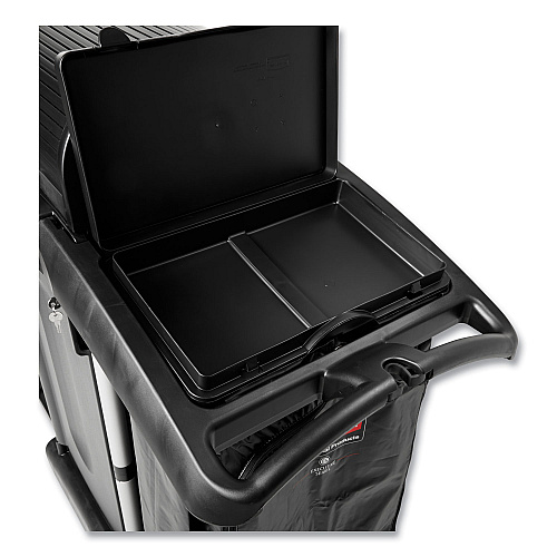 Rubbermaid Commercial Executive High Security Janitorial Cleaning Cart, Plastic, 4 Shelves, 1 Bin, 23.1" x 39.6" x 27.5", Black (1861427)