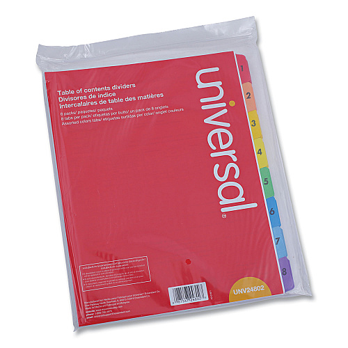 Universal Deluxe Table of Contents Dividers for Printers, 8-Tab, 1 to 8; Table Of Contents, 11 x 8.5, White, 6 Sets (UNV24802)