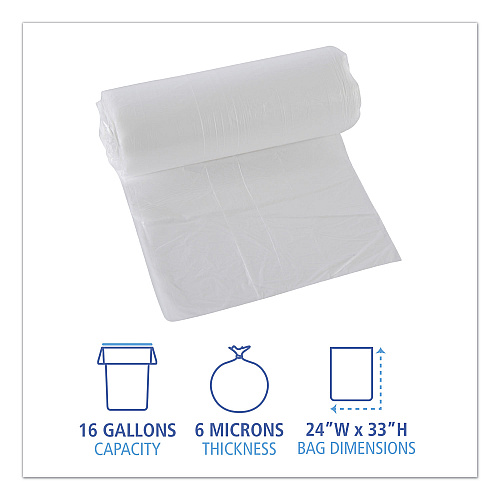 Boardwalk High-Density Can Liners, 16 gal, 6 mic, 24" x 33", Natural, Perforated Roll, 50 Bags/Roll, 20 Rolls/Carton (BWK243306)
