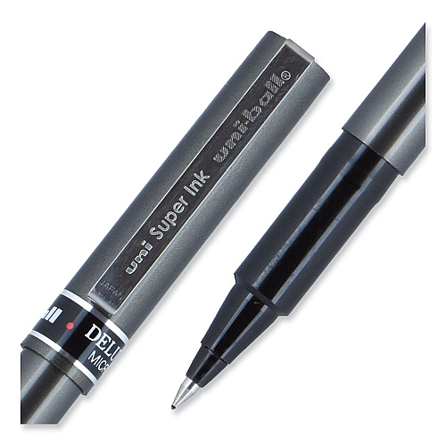 uni-ball Deluxe Roller Ball Pen, Stick, Extra-Fine 0.5 mm, Black Ink, Metallic Gray/Black Barrel, Dozen (60025)