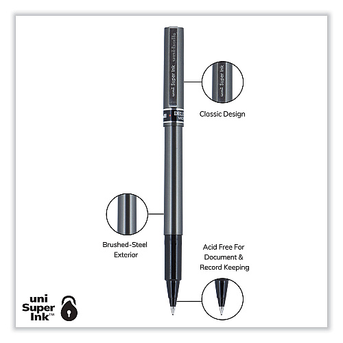 uni-ball Deluxe Roller Ball Pen, Stick, Extra-Fine 0.5 mm, Black Ink, Metallic Gray/Black Barrel, Dozen (60025)