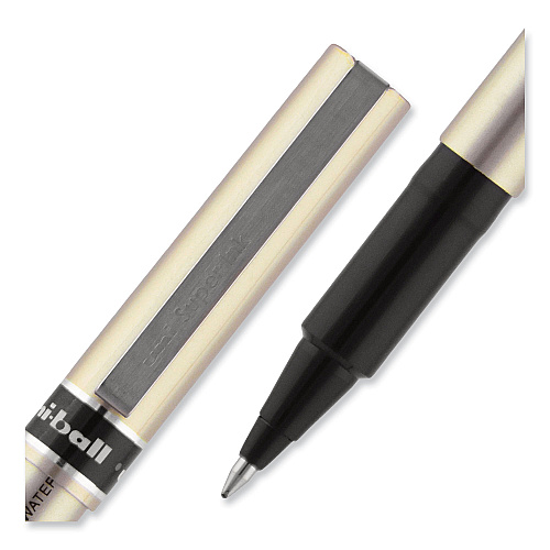 uni-ball Deluxe Roller Ball Pen, Stick, Fine 0.7 mm, Black Ink, Champagne/Black Barrel, Dozen (60052)