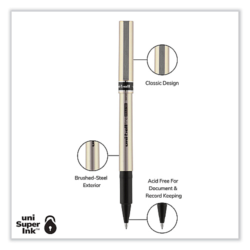 uni-ball Deluxe Roller Ball Pen, Stick, Fine 0.7 mm, Black Ink, Champagne/Black Barrel, Dozen (60052)