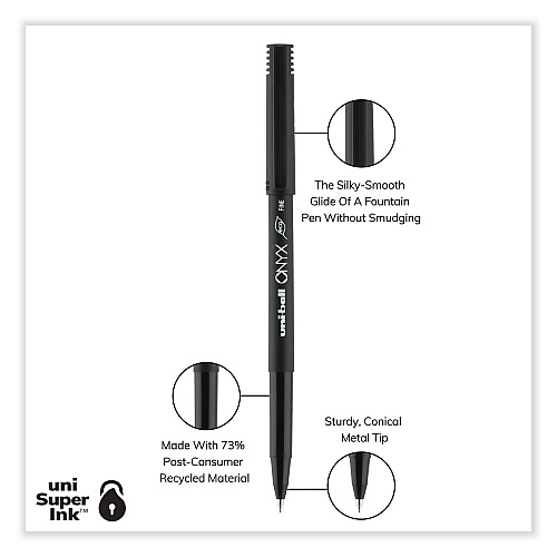uni-ball ONYX Roller Ball Pen, Stick, Fine 0.7 mm, Black Ink, Black Barrel, Dozen (60143)