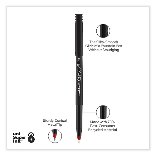 uni-ball ONYX Roller Ball Pen, Stick, Fine 0.7 mm, Red Ink, Black/Red Barrel, Dozen (60144)