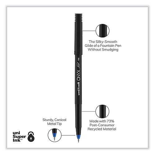 uni-ball ONYX Roller Ball Pen, Stick, Fine 0.7 mm, Blue Ink, Black/Blue Barrel, Dozen (60145)