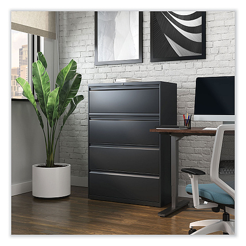 Alera Lateral File, 4 Legal/Letter-Size File Drawers, Black, 36" x 18.63" x 52.5" (ALEHLF3654BL)