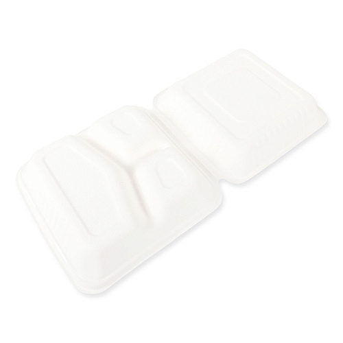 AmerCareRoyal Bagasse PFAS-Free Food Containers, 3-Compartment, 9 x 9 x 3.19, White, Bamboo/Sugarcane, 200/Carton (HL93NPFA)