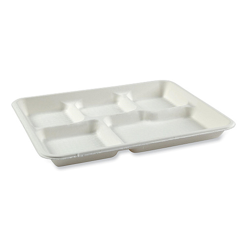 AmerCareRoyal Bagasse PFAS-Free Food Tray, 5-Compartment, 8.26 x 10.23 x 0.94, White, Bamboo/Sugarcane, 500/Carton (TL15TNPFA)