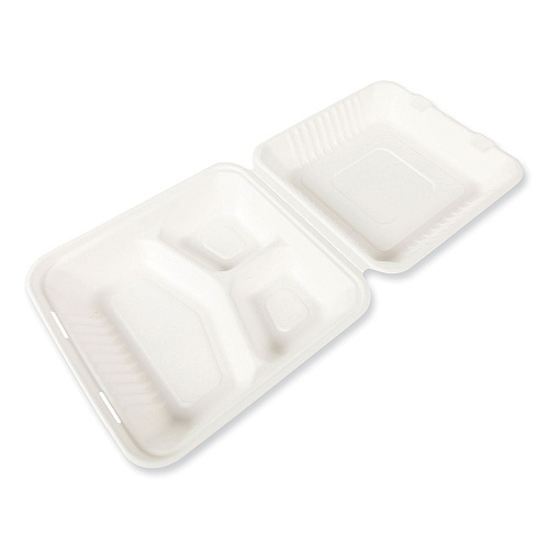 AmerCareRoyal Bagasse PFAS-Free Food Containers, 3-Compartment, 9 x 9 x 3.19, White, Bamboo/Sugarcane, 200/Carton (HL93NPFA)