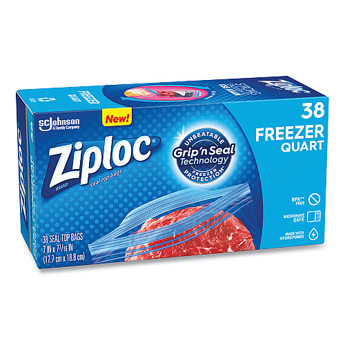 Ziploc Zipper Freezer Bags, 32 oz, 6.97" x 7.7", Clear, 38 Bags/Box, 9 Boxes/Carton (314444)