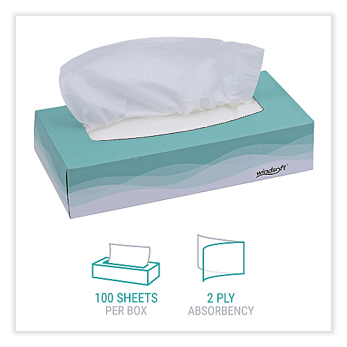 Windsoft Facial Tissue, 2 Ply, White, Flat Pop-Up Box, 100 Sheets/Box, 30 Boxes/Carton (WIN2360)