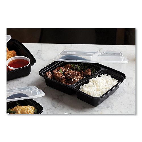 Pactiv Newspring VERSAtainer Microwavable Containers, Rectangular, 2-Compartment, 30 oz, 6 x 8.5 x 2.5, Black/Clear, Plastic, 150/CT (NC8288B)