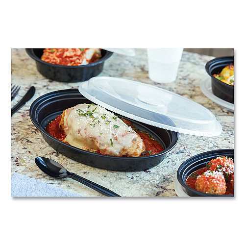 Pactiv Newspring VERSAtainer Microwavable Containers, Oval, 24 oz, 9.1 x 6.7 x 1.45, Black/Clear, Plastic, 150/Carton (OC24B)