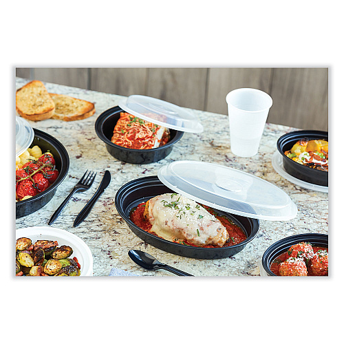 Pactiv Newspring VERSAtainer Microwavable Containers, Oval, 24 oz, 9.1 x 6.7 x 1.45, Black/Clear, Plastic, 150/Carton (OC24B)