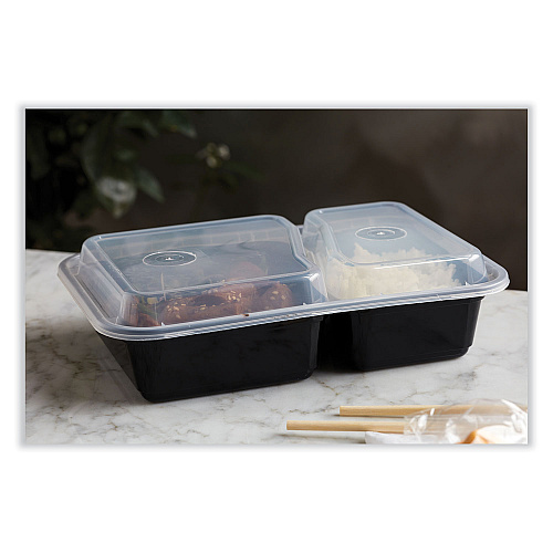 Pactiv Newspring VERSAtainer Microwavable Containers, Rectangular, 2-Compartment, 30 oz, 6 x 8.5 x 2.5, Black/Clear, Plastic, 150/CT (NC8288B)