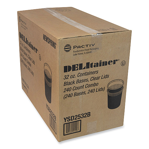 Pactiv Newspring DELItainer Microwavable Container, 32 oz, 4.55 x 4.55 x 5.55, Black/Clear, Plastic, 240/Carton (YSD2532B)