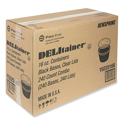 Pactiv Newspring DELItainer Microwavable Container, 16 oz, 4.55 x 4.55 x 3.1, Black/Clear, Plastic, 240/Carton (YSD2516B)