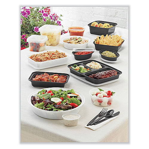 Pactiv Newspring VERSAtainer Microwavable Containers, Round, 3-Compartment, 39 oz, 9 x 9 x 2.25, Black/Clear, Plastic, 150/Carton (NC9388B)