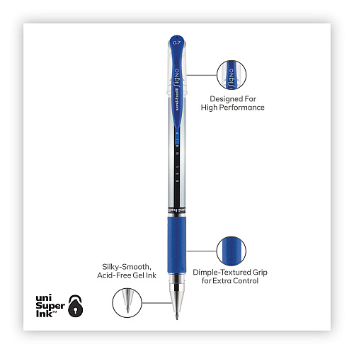 uni-ball Signo GRIP Gel Pen, Stick, Medium 0.7 mm, Blue Ink, Clear/Blue/Silver Barrel, Dozen (65451)