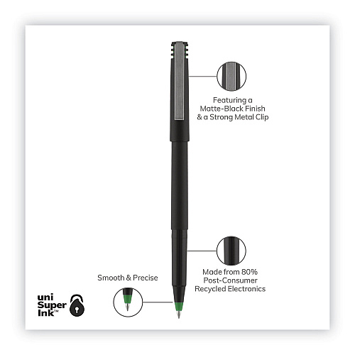 uni-ball Rollerball Pen, Stick, Fine 0.7 mm, Green Ink, Black/Green Barrel, Dozen (60104)