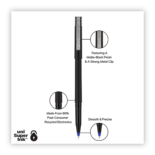 uni-ball Roller Ball Pen, Stick, Extra-Fine 0.5 mm, Blue Ink, Black/Blue Barrel, 72/Pack (2013566)