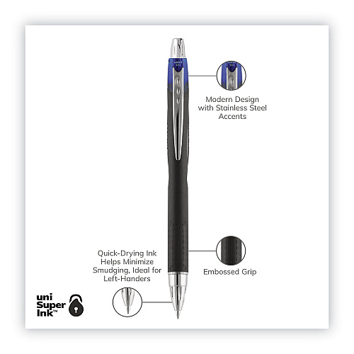 uni-ball Jetstream Retractable Hybrid Gel Pen, Bold 1 mm, Blue Ink, Black/Silver/Blue Barrel (73833)