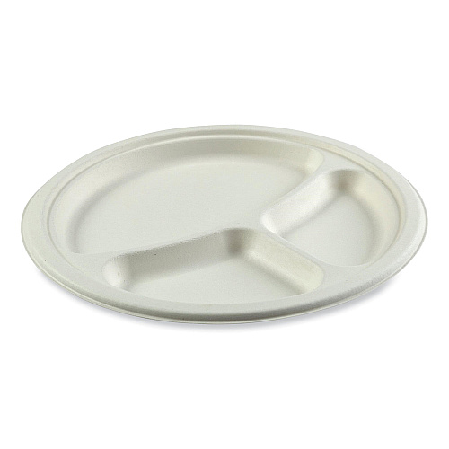 AmerCareRoyal Bagasse PFAS-Free Dinnerware, 3-Compartment Plate, 10.24" dia, White, 500/Carton (PL11NPFA)