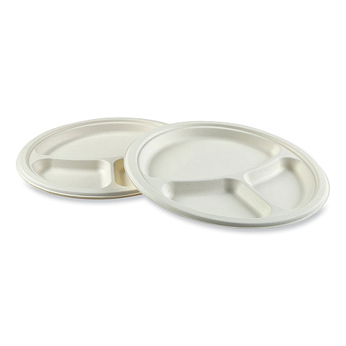 AmerCareRoyal Bagasse PFAS-Free Dinnerware, 3-Compartment Plate, 10.24" dia, White, 500/Carton (PL11NPFA)